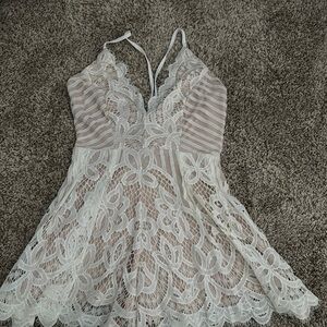 Phanuel Mini Dress in White and Cream with Sheer Lace and Plunging Neckline